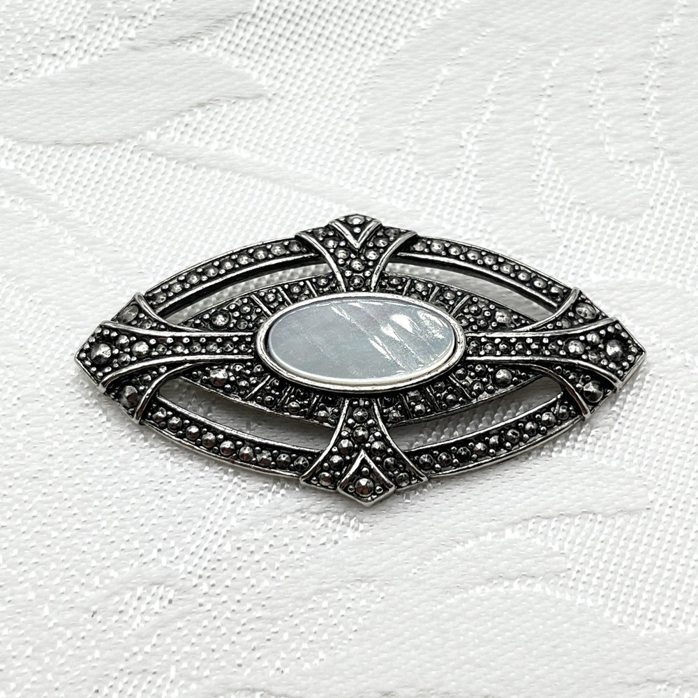 Avon Victorian Elegance Brooch Pin 1987 Mother of Pearl Faux Marcasite Revival
